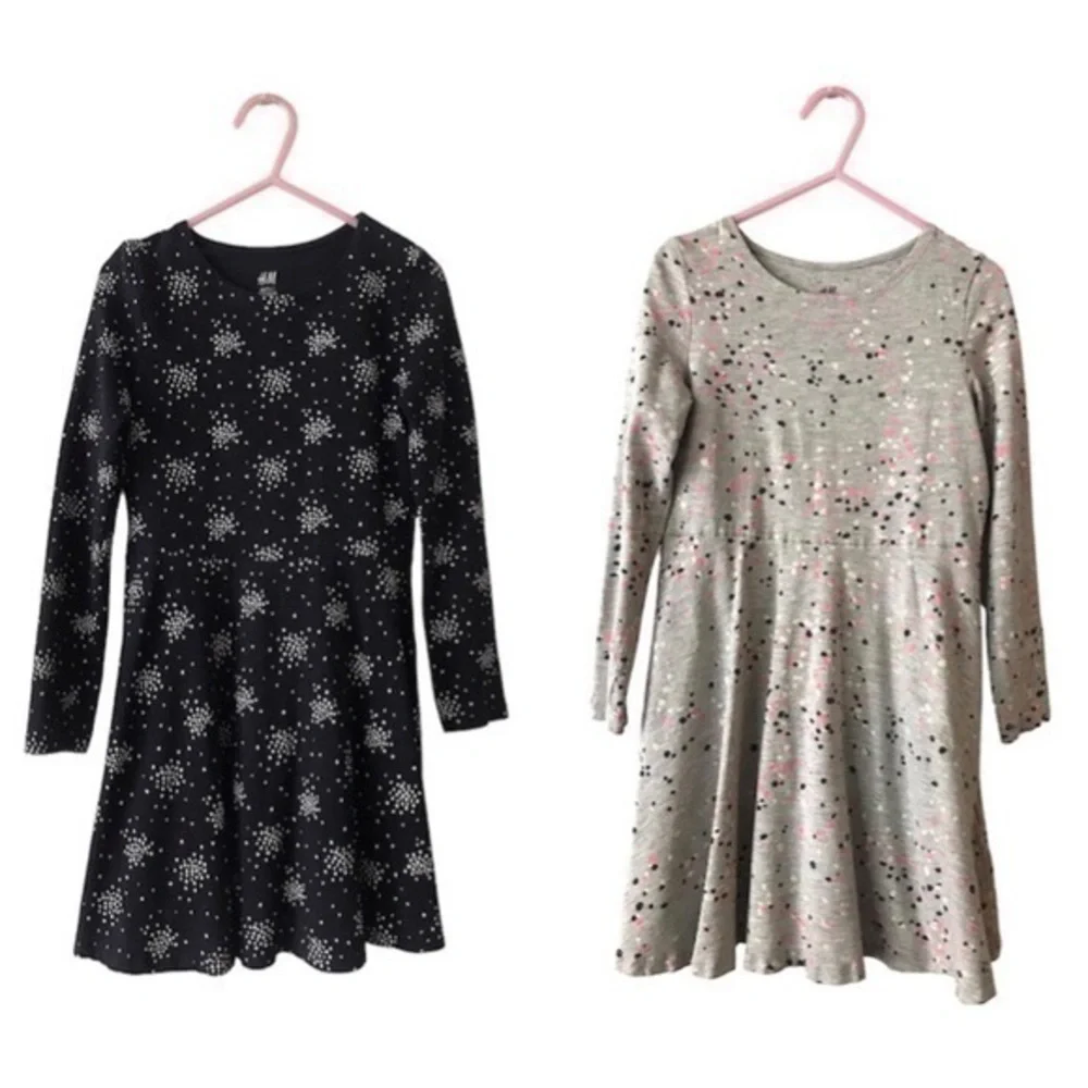 H&M Long Sleeve Dress Set Size 4/6 Black & Grey Polka Dots